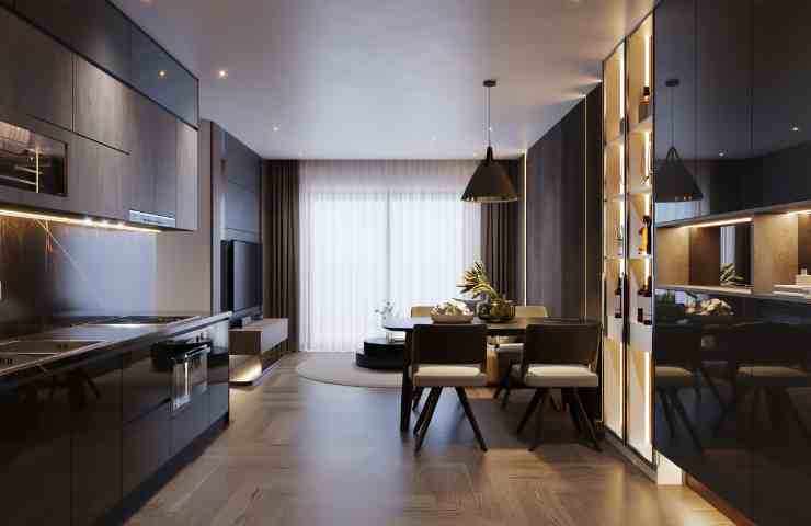 cucina con elettrodomestici a scomparsa